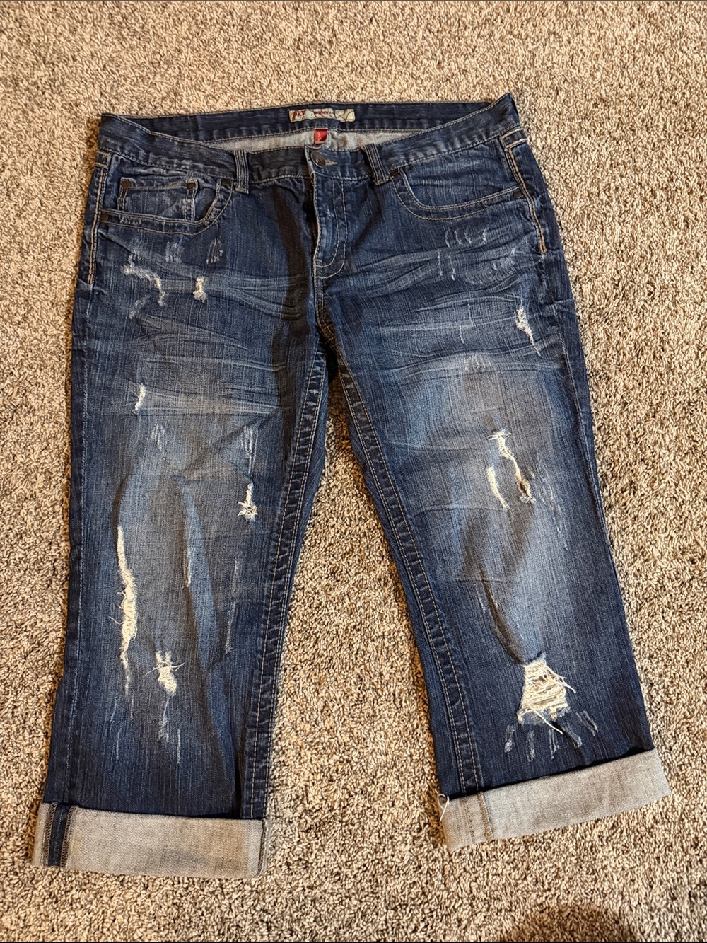 BKE Distressed Dark Blue Boyfriend Jeans Capris